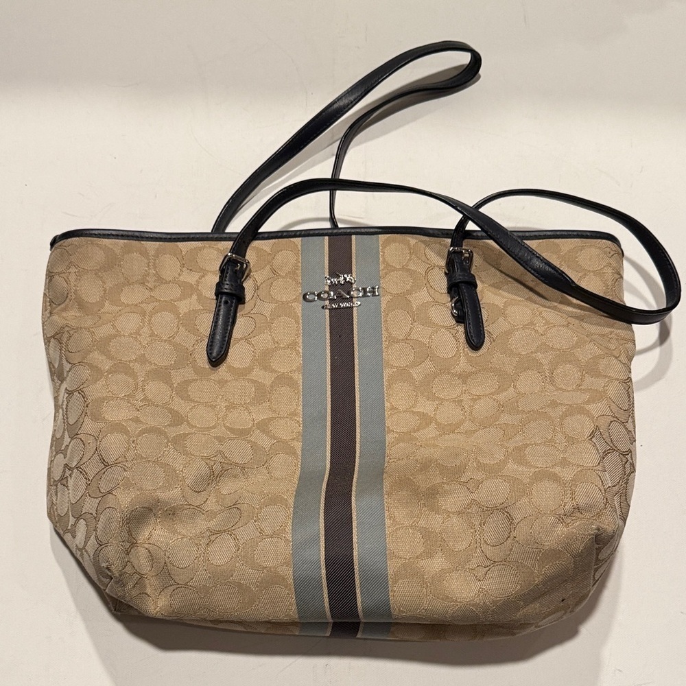 Coach Signature Tan Tote with Black Straps